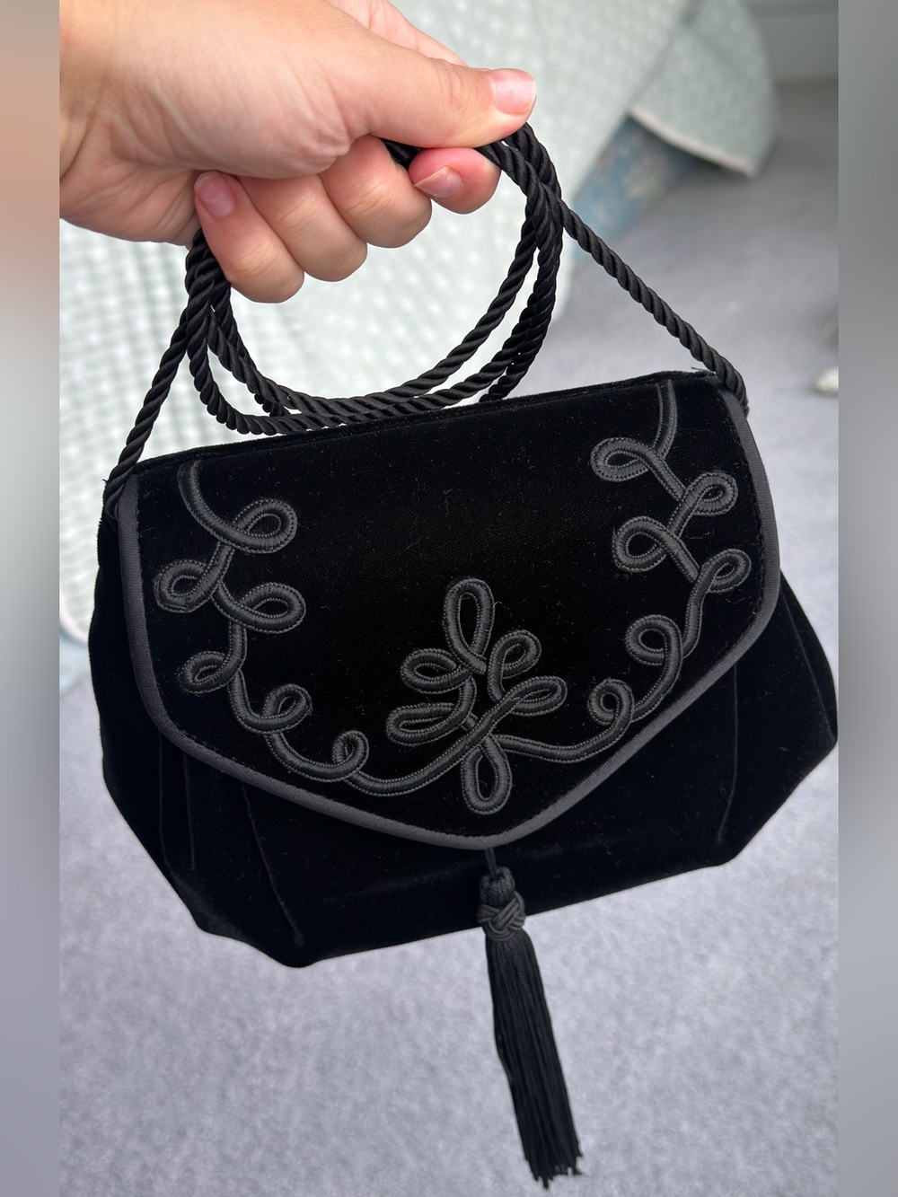 Vintage Jeanne Lottie Black Velvet Evening Bag with Soutache Embroidery & Tassel